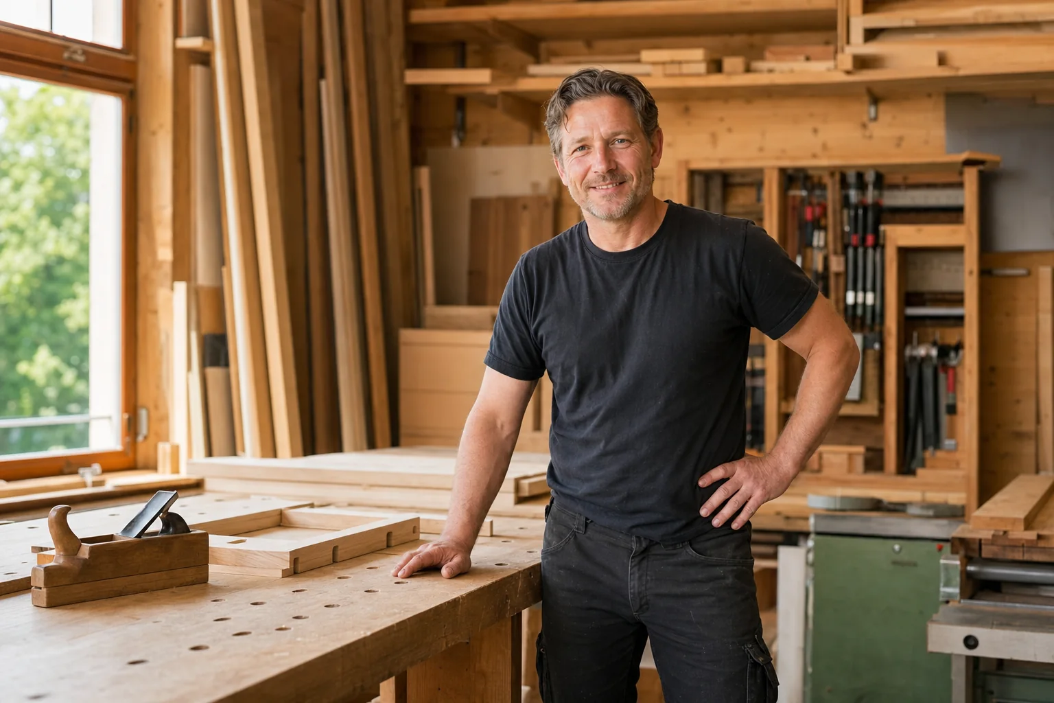 Schreinerei-Inhaber in moderner Holzwerkstatt