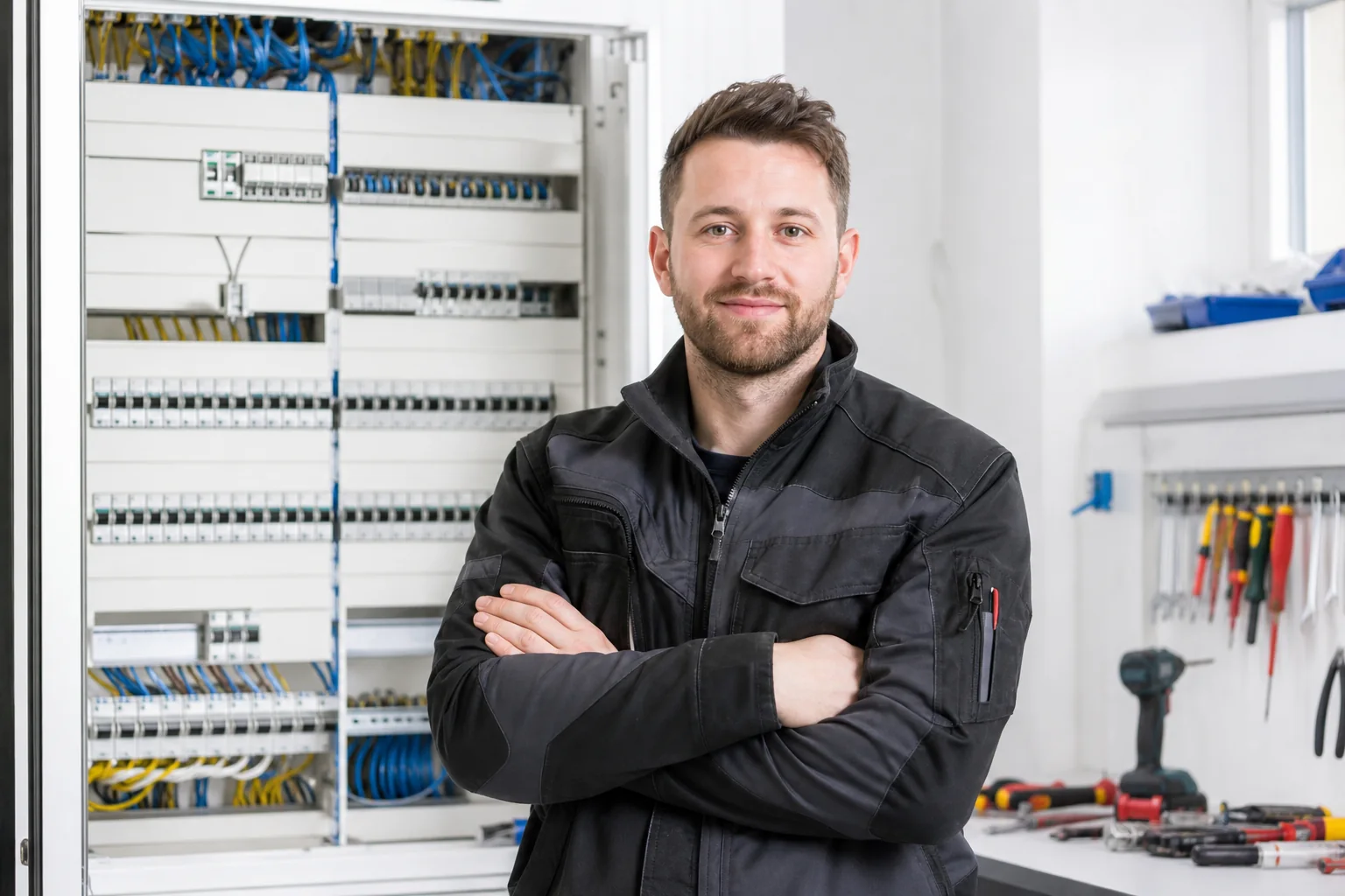 Elektroservice-Inhaber in sauberer technischer Werkstatt