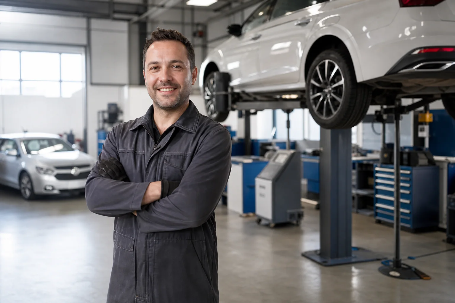 Garageninhaber in sauberer Schweizer Autowerkstatt